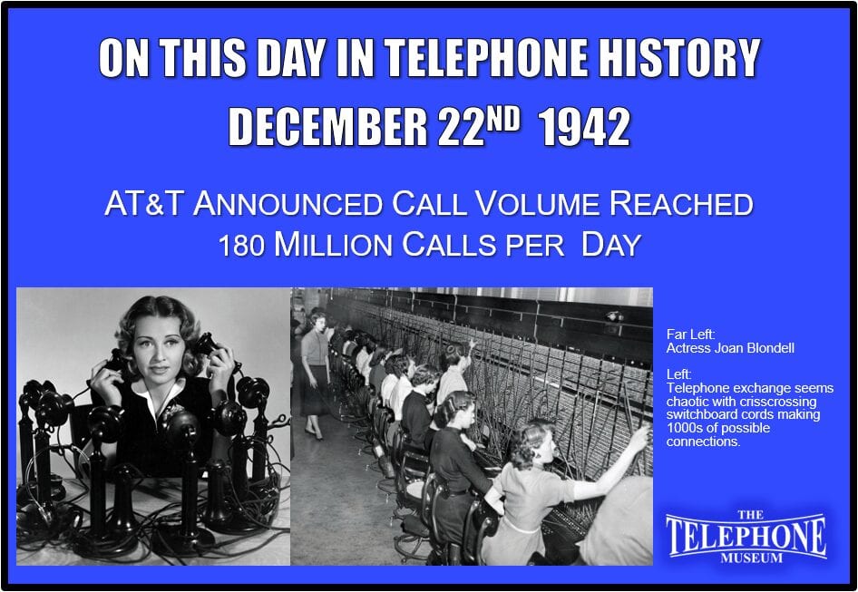 On This Day in Telephone History December 22ND 1942 AT&T’s System-wide volume of calls was announced as 180 million a day